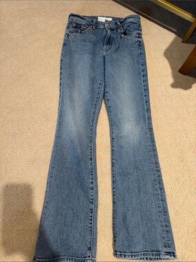 MOTHER Medium Blue Flare Jeans with Front Studs